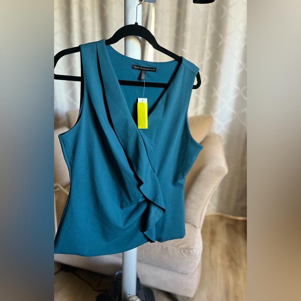 White House Black Market Womens SL Crepe Ruffle Shell - peacock blue/green